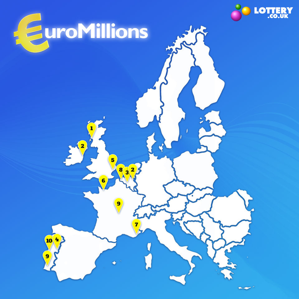 Map of top 10 Largest EuroMillions Jackpots Won
